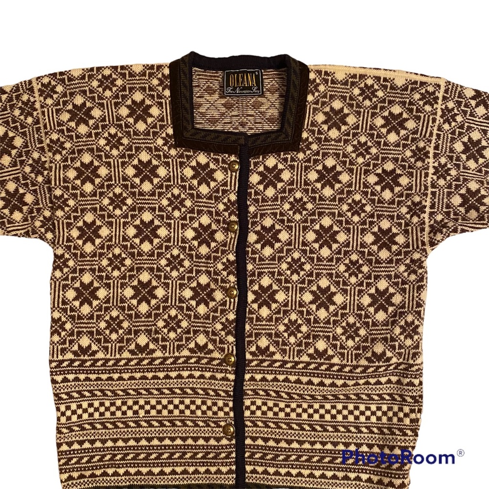 OLEANA NORWAY SWEATER CARDIGAN BROWN CREAM BLUE FAIR ISLE WOOL SQUARE NECK S - Picture 4 of 11